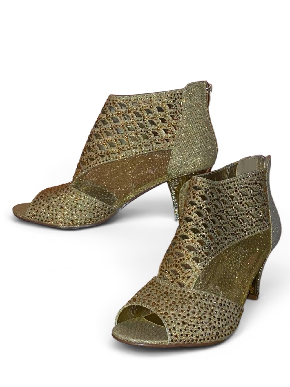 PIERRE DUMAS Glitter Rhinestones Anklet Peep Toe Booties 3” Heel Gold Size 11M